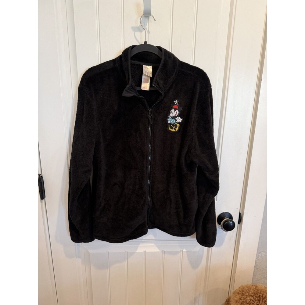 Disney Store Minnie Mouse Fleece Jacket Womens L Black Full Zip Embroidered